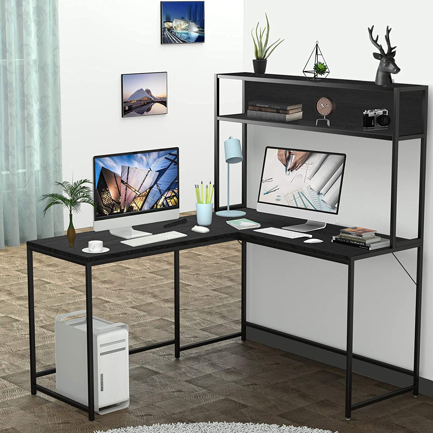 Desk Setup Black And Wood - 55 Inch Black L-Shape Corner Workstation